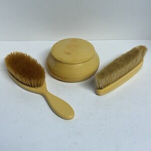 Vintage Celluloid Vanity Dresser Set Brushes Clothing Brush Powder Jar With Lid